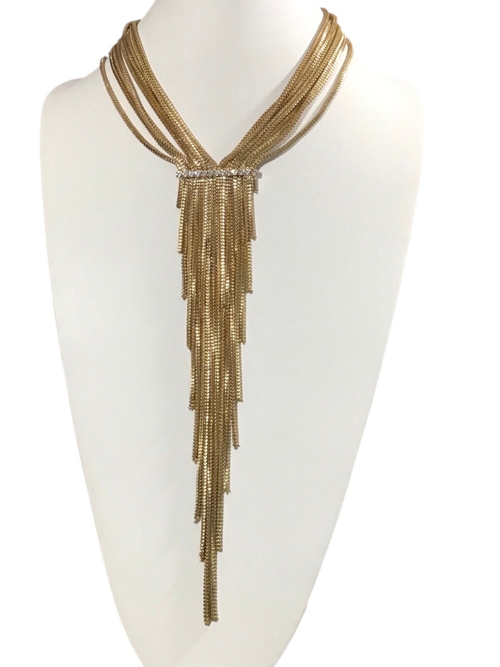 Waterfall Fringe Pendant Necklace God Tone Clear Stones Fashion Jewelry